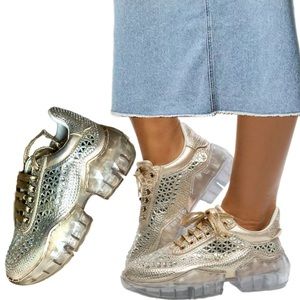 Lace Up Rhinestone Chunky Platform Champagne Sneakers NWB!